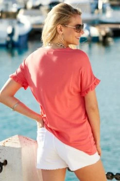 Coral Pink Ruffle Sleeve T-Shirt -Sosandar Fashion Store s30 s21tj175 ss19dm20dm s21fw040bn 043 1