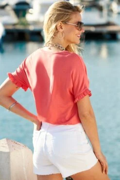 Coral Pink Ruffle Sleeve T-Shirt -Sosandar Fashion Store s30 s21tj175 ss19dm20dm s21fw040bn 073 1