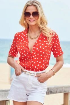 Red & White Spot Print Short Sleeve Relaxed Fit Shirt