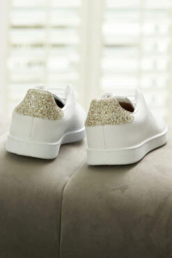 Victoria Cava Gold Glitter Back White Leather Trainers -Sosandar Fashion Store shoes 118