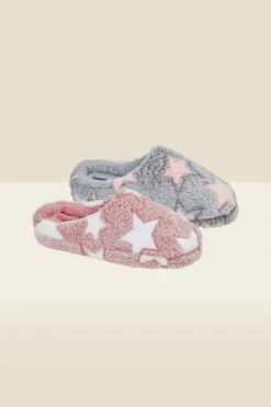 Grey Star Detail Faux Fur Mule Slippers -Sosandar Fashion Store slippers web 19 1