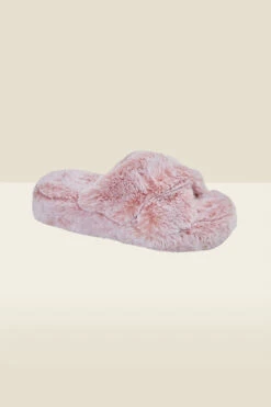 Pink Cross Strap Faux Fur Mule Slippers