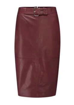 Burgundy Leather Buckle Detail Pencil Skirt -Sosandar Fashion Store small web sa17st05 leather buckle detail pancil skirt burgundy