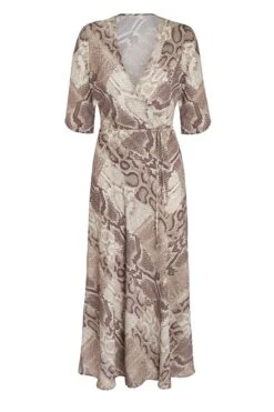 Coffee & Cream Animal Print Midi Wrap Dress -Sosandar Fashion Store sosandar shortsleevetiedress snake