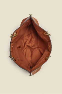 Tan Faux Suede & Leather Tote Bag With Shoulder Strap -Sosandar Fashion Store tan bag 4 1