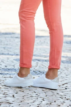 Victoria Cava Gold Glitter Back White Leather Trainers -Sosandar Fashion Store victoria glitter