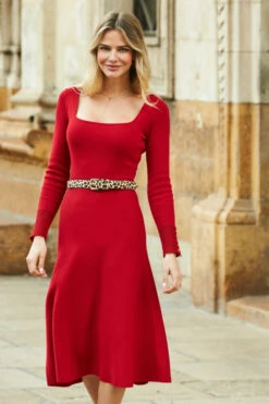Red Square Neck Gold Button Cuff Knitted Midi Dress 15 Red Square Neck Gold Button Cuff Knitted Midi Dress -Sosandar Fashion Store web 02 a21dk570rd 139