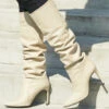 Belle Cream Leather Slouch Stiletto Heel Knee High Boot