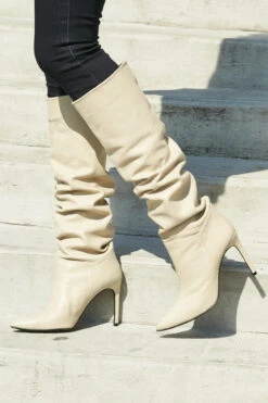 Belle Cream Leather Slouch Stiletto Heel Knee High Boot