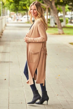 Camel Longline Belted Cardigan With Pockets -Sosandar Fashion Store web 109 aw20tk065 065 1