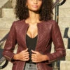 Burgundy Quilted Leather Collarless Jacket -Sosandar Fashion Store web 13 a21ol005 a20bd002gy 084