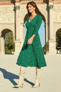 Green Animal Print Ruched Front Midi Dress -Sosandar Fashion Store web 17 a20dw066gran 009