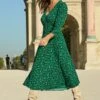 Green Animal Print Ruched Front Midi Dress