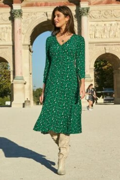 Green Animal Print Ruched Front Midi Dress -Sosandar Fashion Store web 17 a20dw066gran 066