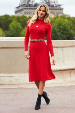 Red Fit & Flare Knitted Midi Dress -Sosandar Fashion Store web 210910 sosandarday5paris62254 2