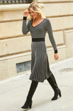 Black & White Stripe Fit & Flare Knitted Dress 12 Black & White Stripe Fit & Flare Knitted Dress -Sosandar Fashion Store web 22 s21dk314pt 008