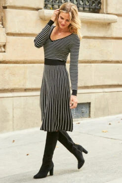 Black & White Stripe Fit & Flare Knitted Dress 9 Black & White Stripe Fit & Flare Knitted Dress -Sosandar Fashion Store web 22 s21dk314pt 033