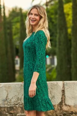 Forrest Green Animal Print Ruffle Hem Shift Jersey Dress -Sosandar Fashion Store web 23 a21dj086 037