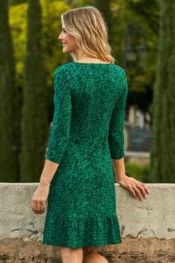 Forrest Green Animal Print Ruffle Hem Shift Jersey Dress -Sosandar Fashion Store web 23 a21dj086 085