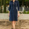 Navy Blue Luxe Velvet Popper Front Dress