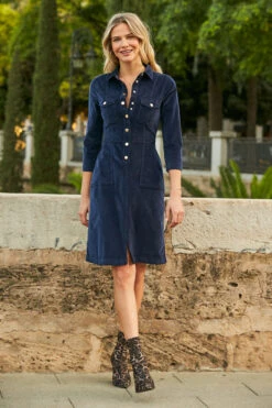 Navy Blue Luxe Velvet Popper Front Dress