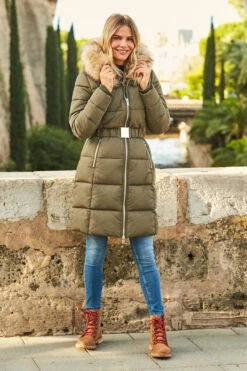 Khaki Faux Fur Trim Luxe Longline Padded Coat -Sosandar Fashion Store web 38 s20ow009gn 088 1