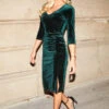 Emerald Green V Neck Velvet Ruched Detail Midi Dress