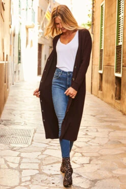 Chocolate Brown Longline Button Front Cardigan 16 Chocolate Brown Longline Button Front Cardigan -Sosandar Fashion Store web 76 a21tw025 s20bd002be 075