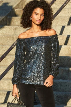 Black Sequin Luxe Bardot Top -Sosandar Fashion Store web 9 a21tw005 a20bd008bk 107