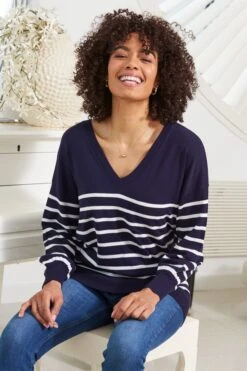 Navy Blue & White Stripe V Neck Fine Knit Jumper 16 Navy Blue & White Stripe V Neck Fine Knit Jumper -Sosandar Fashion Store web d2s12 s21tk45012gg 003