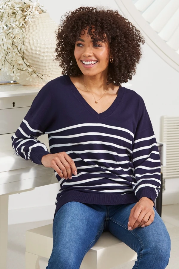 Navy Blue & White Stripe V Neck Fine Knit Jumper 4 Navy Blue & White Stripe V Neck Fine Knit Jumper - Image 2