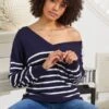 Navy Blue & White Stripe V Neck Fine Knit Jumper 1 Navy Blue & White Stripe V Neck Fine Knit Jumper -Sosandar Fashion Store web d2s12 s21tk45012gg 020