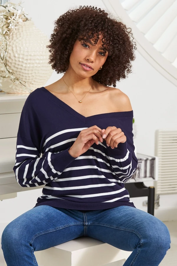 Navy Blue & White Stripe V Neck Fine Knit Jumper 3 Navy Blue & White Stripe V Neck Fine Knit Jumper