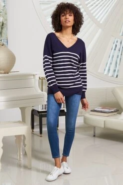 Navy Blue & White Stripe V Neck Fine Knit Jumper 14 Navy Blue & White Stripe V Neck Fine Knit Jumper -Sosandar Fashion Store web d2s12 s21tk45012gg 088