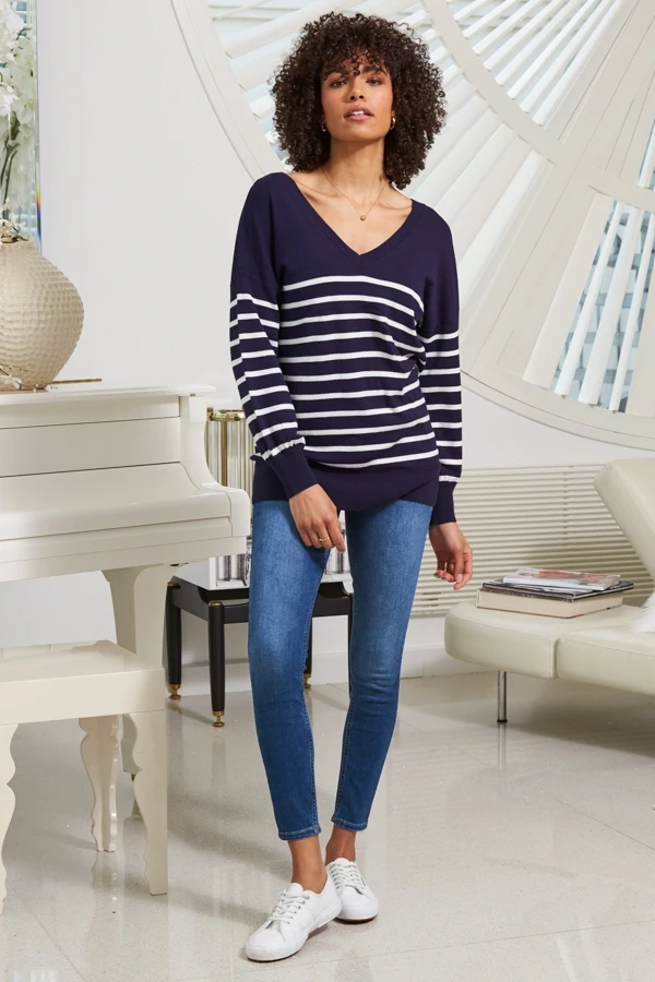 Navy Blue & White Stripe V Neck Fine Knit Jumper 7 Navy Blue & White Stripe V Neck Fine Knit Jumper - Image 5