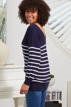 Navy Blue & White Stripe V Neck Fine Knit Jumper 12 Navy Blue & White Stripe V Neck Fine Knit Jumper -Sosandar Fashion Store web d2s12 s21tk45012gg 098