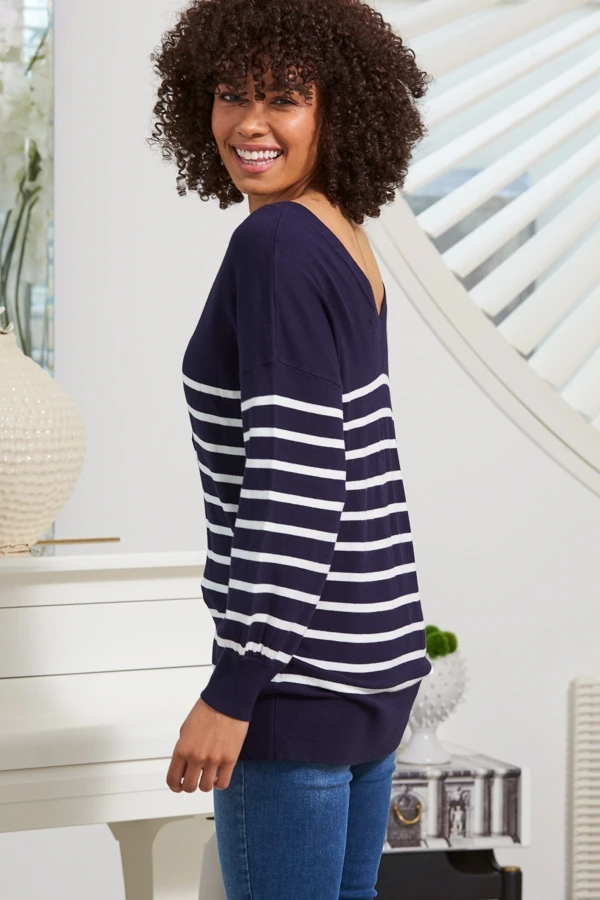 Navy Blue & White Stripe V Neck Fine Knit Jumper 5 Navy Blue & White Stripe V Neck Fine Knit Jumper - Image 3