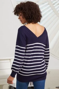 Navy Blue & White Stripe V Neck Fine Knit Jumper 13 Navy Blue & White Stripe V Neck Fine Knit Jumper -Sosandar Fashion Store web d2s12 s21tk45012gg 103