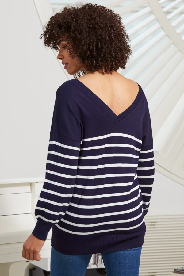 Navy Blue & White Stripe V Neck Fine Knit Jumper 6 Navy Blue & White Stripe V Neck Fine Knit Jumper - Image 4