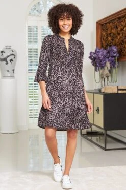 Charcoal Grey Animal Print Fluted Sleeve Shift Dress 10 Charcoal Grey Animal Print Fluted Sleeve Shift Dress -Sosandar Fashion Store web d2s6 s21dw024 003
