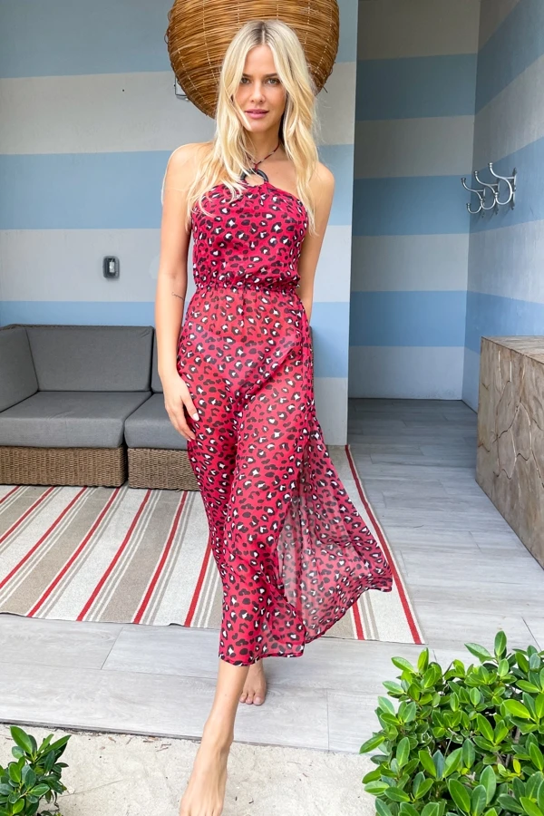 Red Leopard Print Halter Neck Sunshine Dress 3 Red Leopard Print Halter Neck Sunshine Dress