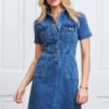 Indigo Blue Popper Front Short Sleeve Stretch Denim Dress -Sosandar Fashion Store web s8 s21dd406io001w s21fw022bn 030