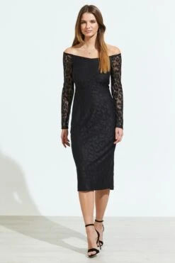 Black Lace Long Sleeve Bardot Midi Dress
