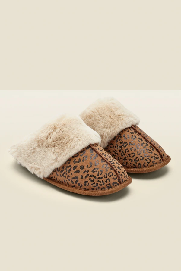 Leopard Print Suede Mule Slippers With Faux Fur Lining 3 Leopard Print Suede Mule Slippers With Faux Fur Lining