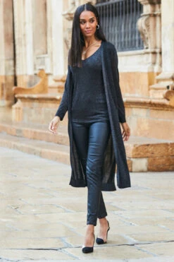 Pewter Metallic Super Sparkly Longline Cardigan -Sosandar Fashion Store web twinset 084