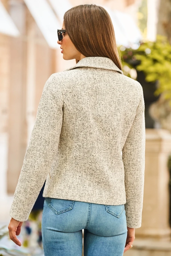 Natural Boucle Biker Jacket With Gold Zip Detail 5 Natural Boucle Biker Jacket With Gold Zip Detail - Image 3