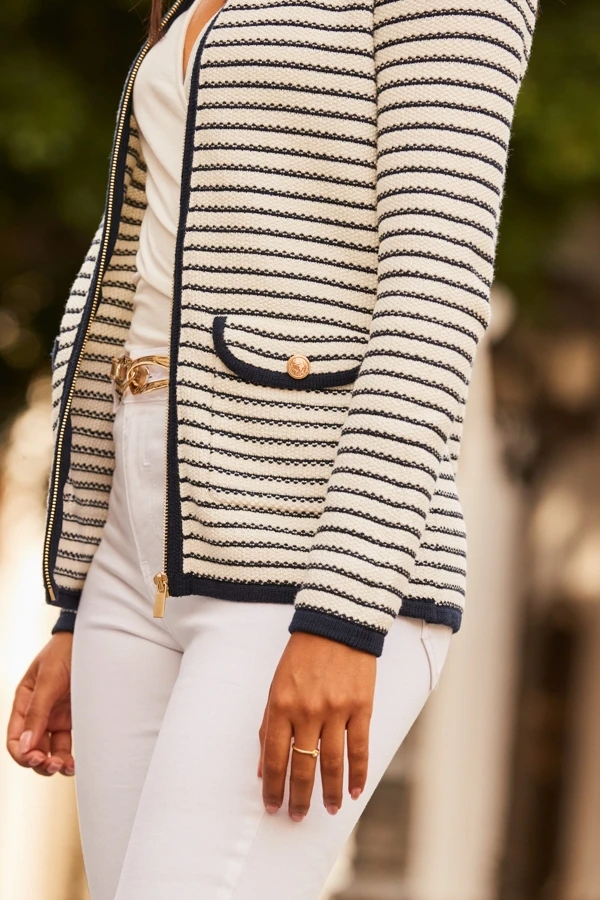 Navy Blue & White Stripe Zip Detail Cardigan 6 Navy Blue & White Stripe Zip Detail Cardigan - Image 4