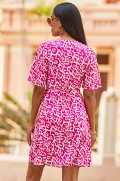 Pink Animal Print Fluted Sleeve Fit & Flare Dress 10 Pink Animal Print Fluted Sleeve Fit & Flare Dress -Sosandar Fashion Store web2 2304 31 s23dw154pkan01 31 187