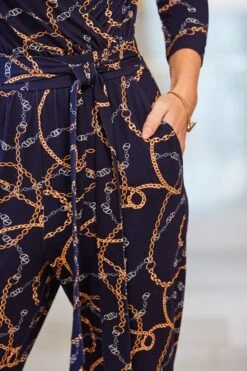 Navy Blue Chain Print Wrap Front Tapered Leg Jumpsuit -Sosandar Fashion Store web 01 a21jj004becv01 115