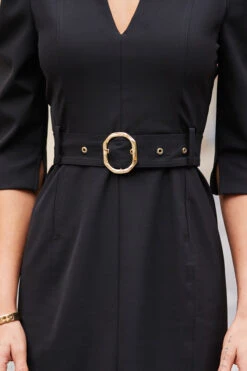 Black Ruched Shoulder Belted Pencil Dress 12 Black Ruched Shoulder Belted Pencil Dress -Sosandar Fashion Store web 01 adw079bk0001 16